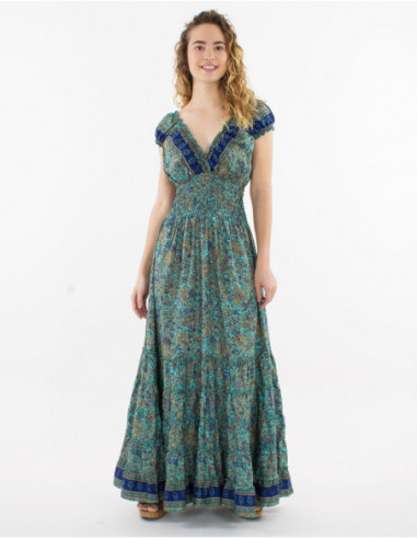 Robe longue élastiquée romantique original à motif vert menthe