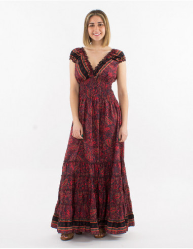 Robe longue élastiquée romantique original à motif rouge