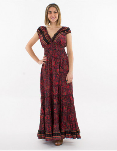 Robe longue originale avec élastiques confortable pour le printemps à motif boho rouge