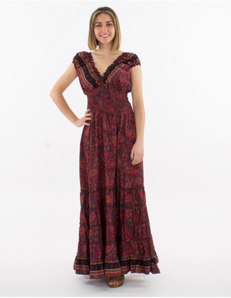 Robe longue originale avec élastiques confortable pour le printemps à motif boho rouge