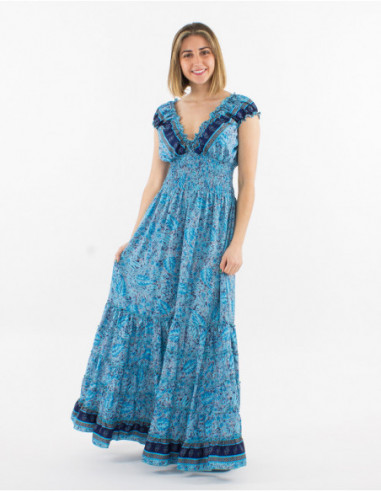 Original romantic elasticized long dress with turquoise blue pattern