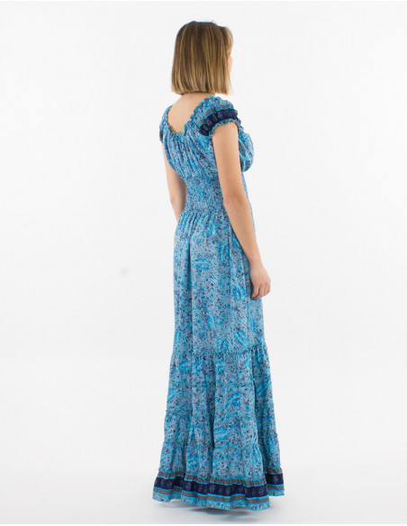 Original spring princess long dress with turquoise blue bohemian pattern