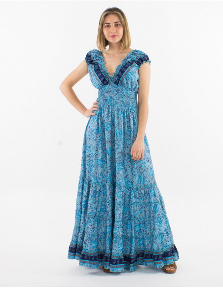 Original long dress with comfortable elastics for spring in turquoise blue boho pattern