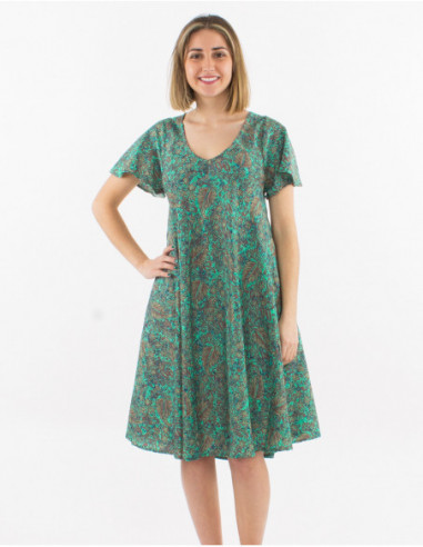 Original short flared dress with romantic summer print in mint green