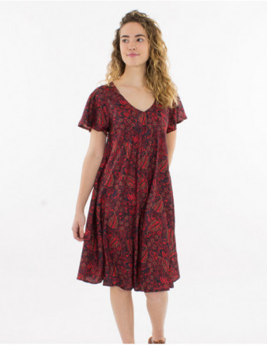 Original short flared dress with romantic summer print in red
