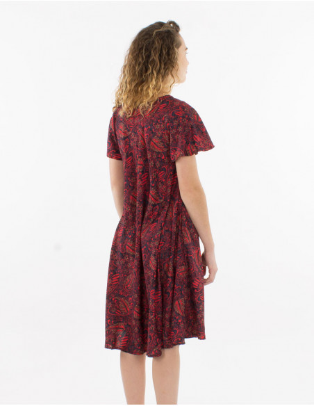 Original short wide flared dress for spring with red hippie chic pattern