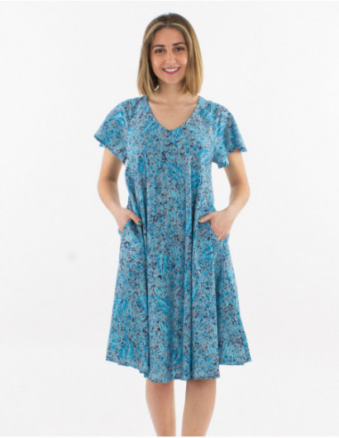 Original short flared dress with romantic summer print in blue