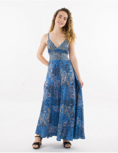 Robe longue d'été dos croisé à imprimé argenté bleu marine