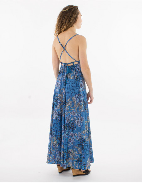 Fluid navy blue summer maxi dress with halter top and crossed straps