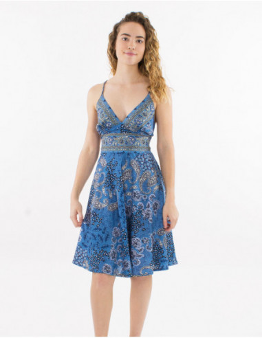 Short flared dress for summer with silver bohemian paisley print in navy blue