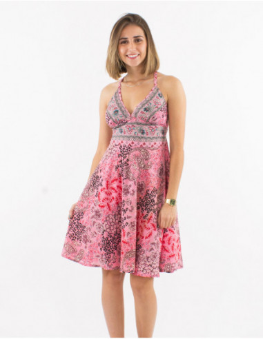 Short flared dress for summer with silver bohemian paisley print in pink