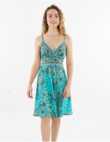Short flared dress for summer with silver bohemian paisley print in mint green