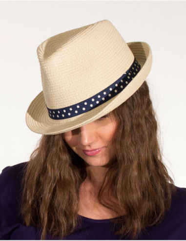 Chapeau panama beige au ruban de pois