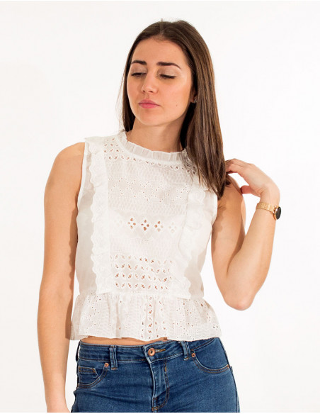 White embroidered tank top with frills