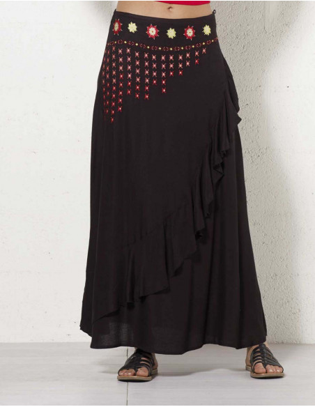 Graphic embroidered long skirt