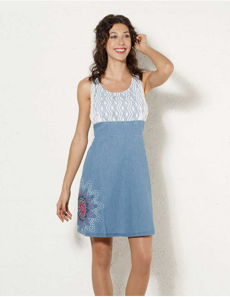 Denim dress and vintage style mesh