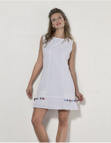 Bohemian chic white dress with pompoms