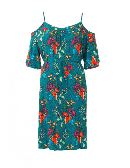 Robe courte fluide et confortable pour l'été motif tropical menthe