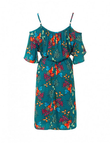 Shoulderless dress with flower motifs