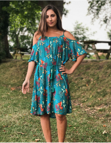 Shoulderless dress with flower motifs
