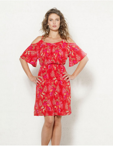 Robe courte d'été épaules nues à motif tropical rouge