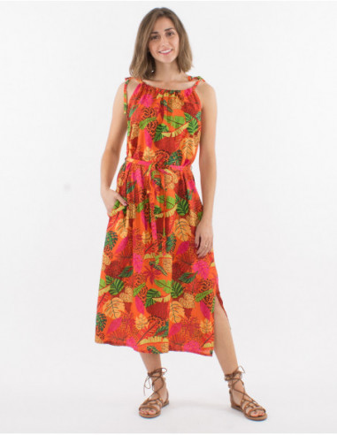 Long slit dress with tropical motif