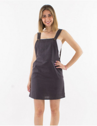 Basic women's flared dress with thin straps in basic plain khaki green linen