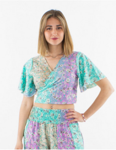 Top fluide léger cache cœur pour l'été avec motif romantique pastel petites fleurs