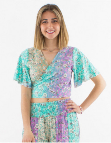 Wrap blouse boho pastel flowers