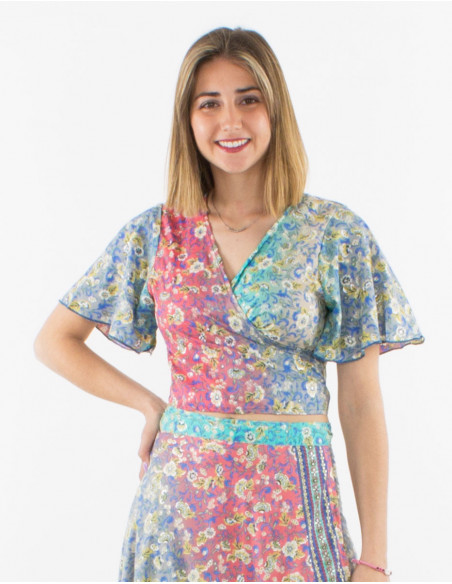 Wrap blouse boho pastel flowers