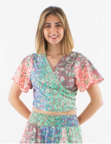 Top fluide léger cache cœur pour l'été avec motif romantique pastel petites fleurs