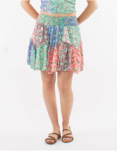 Short boho skirt ruffled for spring with original pastel flower
