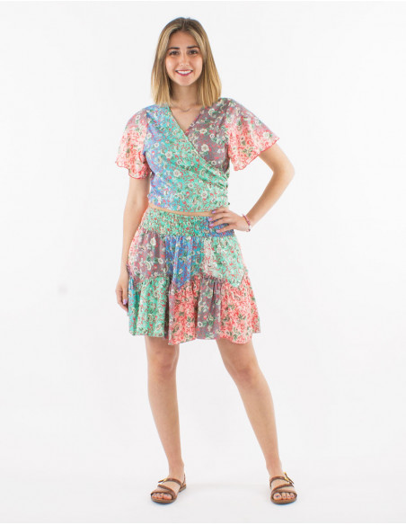 Short boho multicolor skirt with ruffles