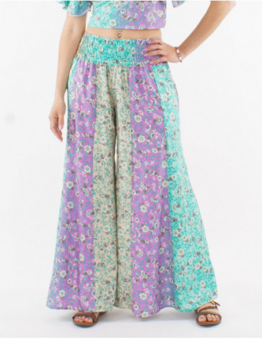 Pantalon large boho fleurs pastels