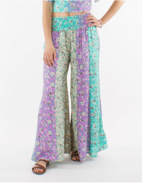 Pantalon large boho fleurs pastels