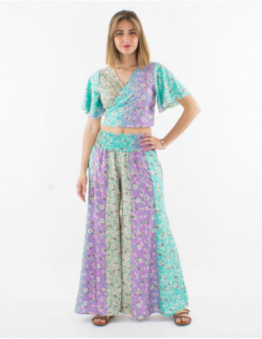 Pantalon large boho fleurs pastels
