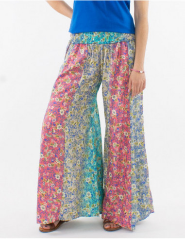 Pantalon large boho fleurs pastels
