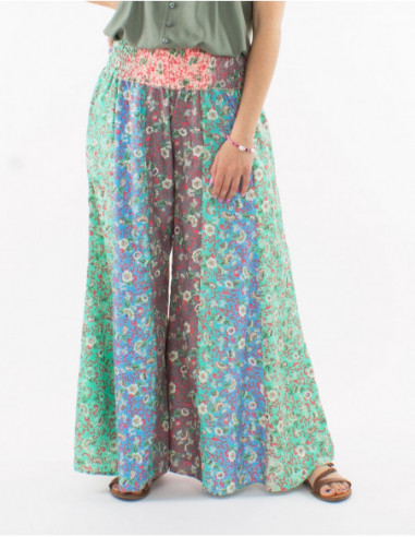 Pantalon large boho fleurs pastels