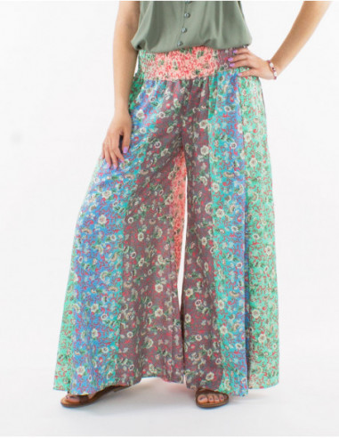 Pantalon large boho fleurs pastels
