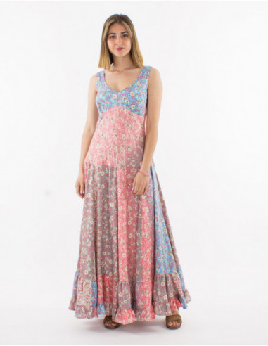 Romantic long dress for summer with pastel patchwork flowery print