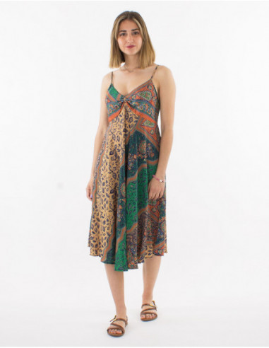 Robe mi longue ethnique à fines bretelles motif africain