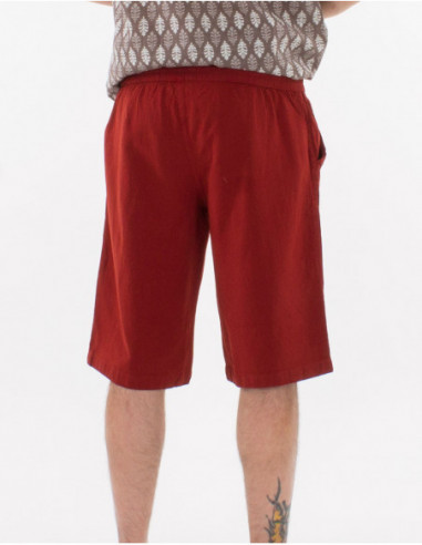 Basic men's summer Bermuda shorts in plain burgundy-red cotton