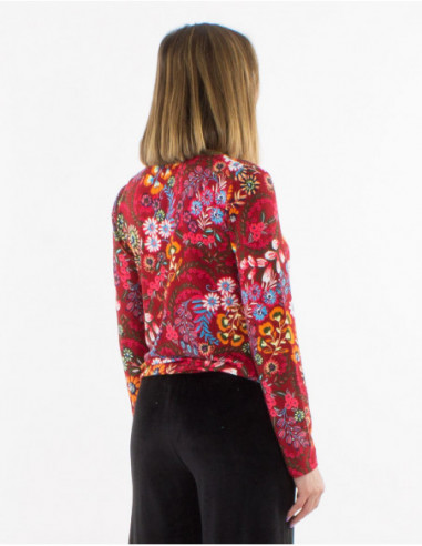 Blouse manches longues femme hiver à fleurs ethnique rouge