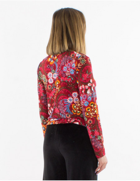 Blouse manches longues femme hiver à fleurs ethnique rouge