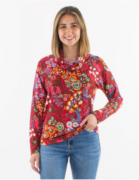 Long-sleeved burgundy-red floral ethnic turtleneck tee shirt