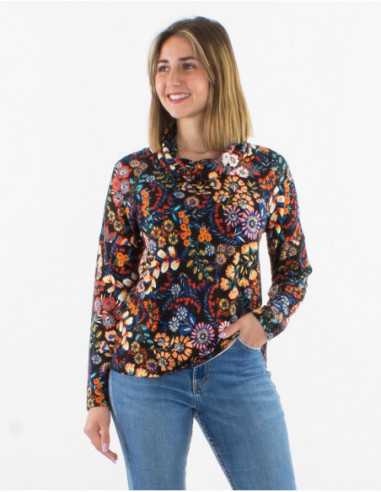 Blouse col roulé femme original à fleurs tissu doux noir