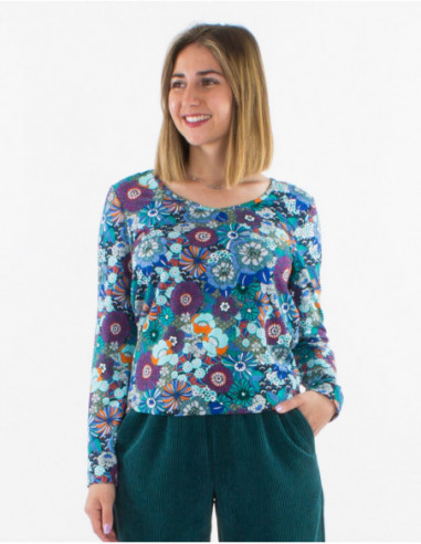 Blouse baba cool femme originale à petites fleurs rétro bleu