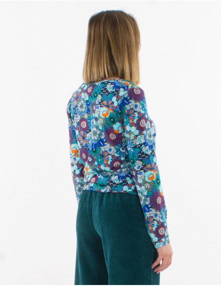 Original straight blouse for winter with blue floral baba cool motif