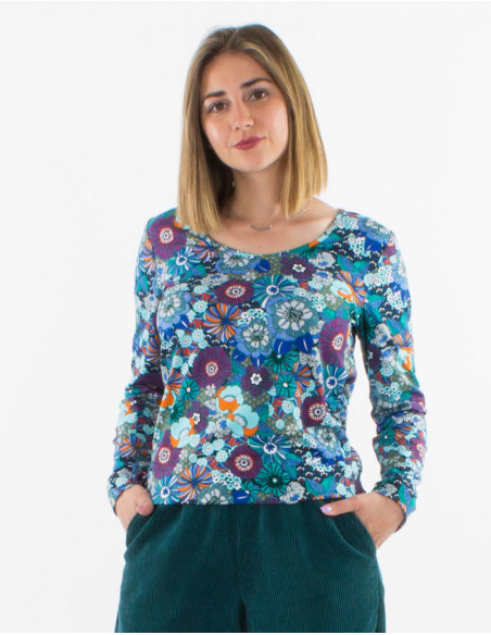 Blouse droite originale pour l'hiver à motif baba cool fleuri
