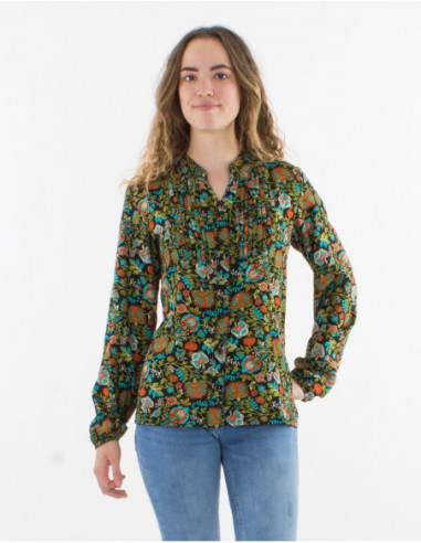 Women's autumnal blouse with black flower and leaf print